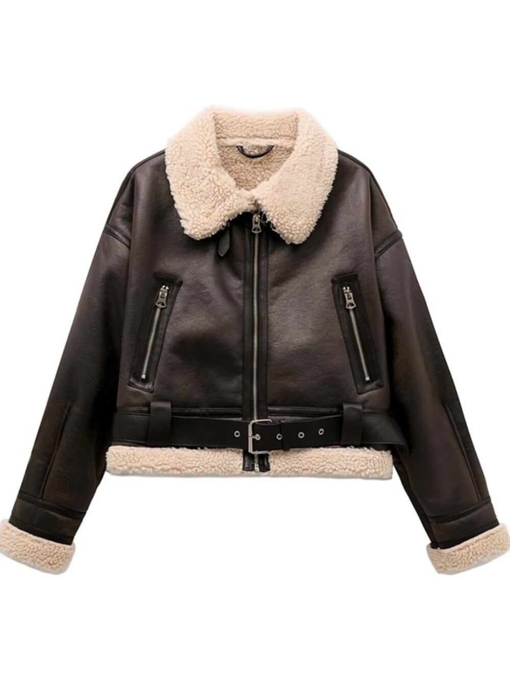 Women Brown Faux Lamb Leather Short Jacket Loose Lapel Zipper Bomber Winter Coat